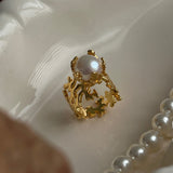 Palace Style Coral Openwork Carved Pearl Ring