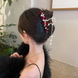 Elegant Rose Velvet Pearl Drop Claw Clip