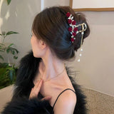 Elegant Rose Velvet Pearl Drop Claw Clip