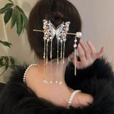 Colourful Natural Pearl Butterfly Tassel Hairpin