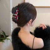 Elegant Rose Velvet Pearl Drop Claw Clip