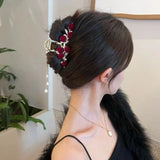 Elegant Rose Velvet Pearl Drop Claw Clip