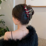 Elegant Rose Velvet Pearl Drop Claw Clip