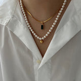 Square Emerald Snake Bone Necklace & Gold Tulip Beaded Necklace