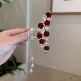 Elegant Rose Velvet Pearl Drop Claw Clip