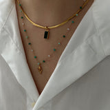 Square Emerald Snake Bone Necklace & Gold Tulip Beaded Necklace