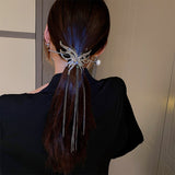 Diamond Butterfly Pearl Long Tassel Hairpin