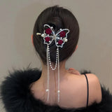 Red Rose Diamond Butterfly Pearl Tassel Twist Clip