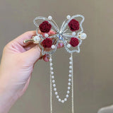 Red Rose Diamond Butterfly Pearl Tassel Twist Clip