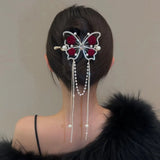 Red Rose Diamond Butterfly Pearl Tassel Twist Clip