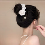 Silk White Rose Pearl Pendant Hair Tie