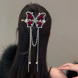 Red Rose Diamond Butterfly Pearl Tassel Twist Clip